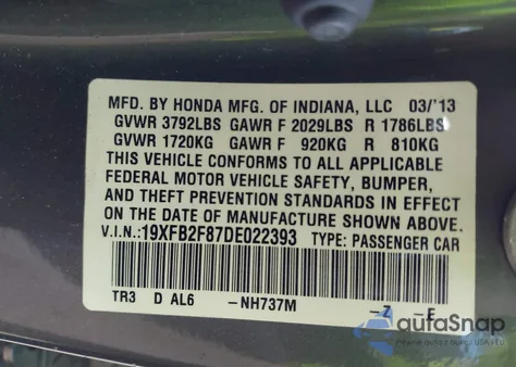 2013 Honda Civic Ex from USA, damaged, VIN 19XFB2F87DE022393